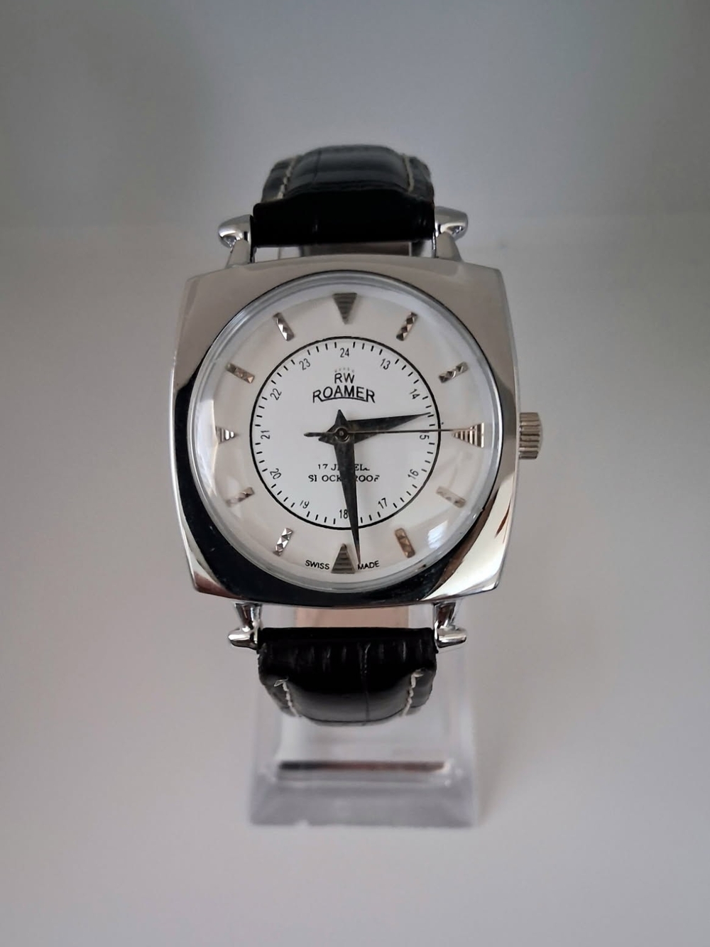 Vintage Roamer Men's Leather Mechanical Black & White Watch RARE